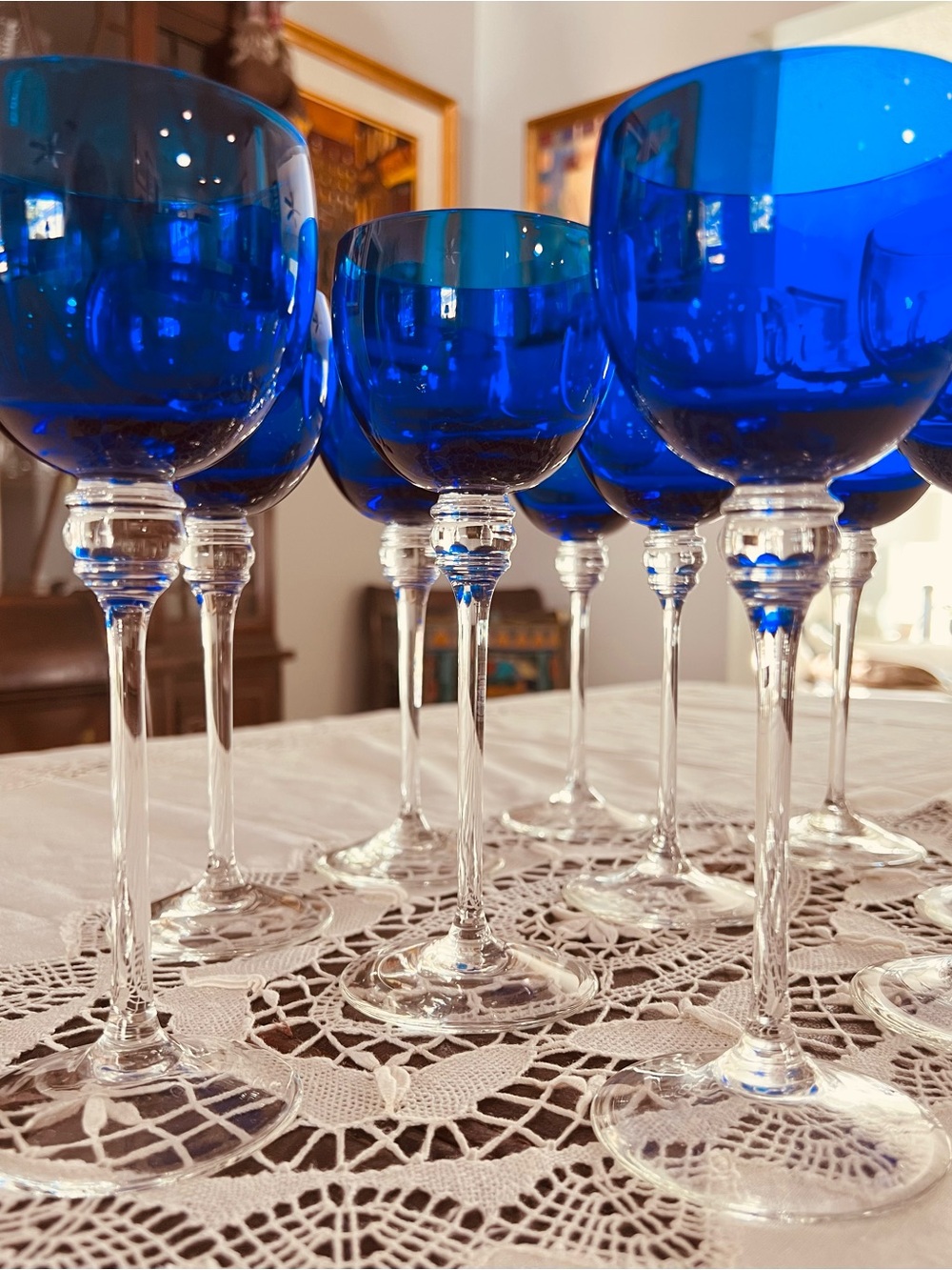 10, Vintage 1990s Saint-Louis Crystal Grand Lieu Dark Blue White Wine Glasses.